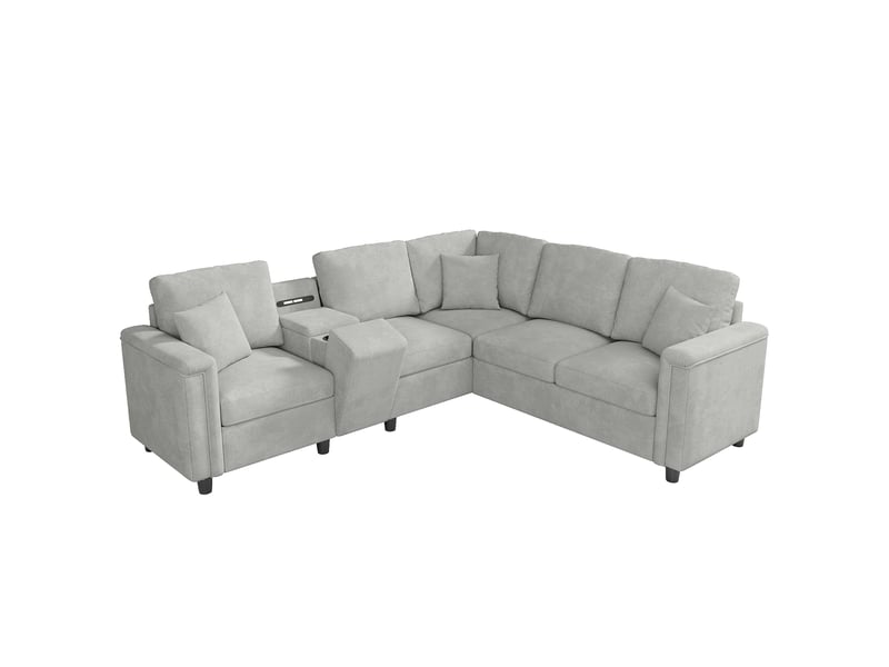  Canapé d'angle tcqpz 5 places 235 x 208 x 83 cm avec rangement usb type-c liseuse chenille gris clair  - Conforama A