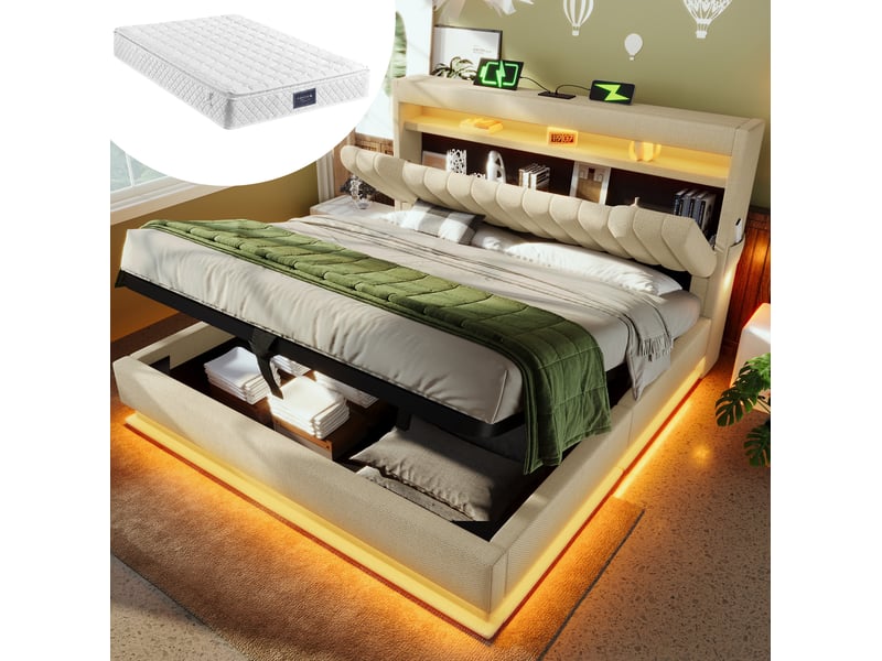  Lit rembourré 160 × 200 cm 2 places avec rangement, led, usb et type-c, matelas inclus, beige en lin  - Conforama B