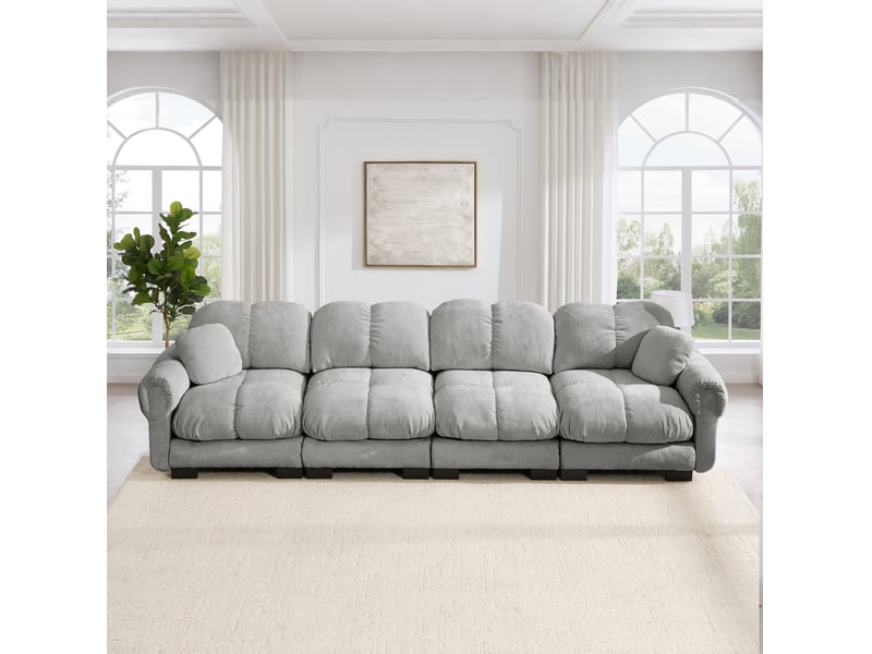  Canapé modulaire 4 places en tissu gris clair, accoudoirs élégants et coussins épais pour salon  - Conforama B