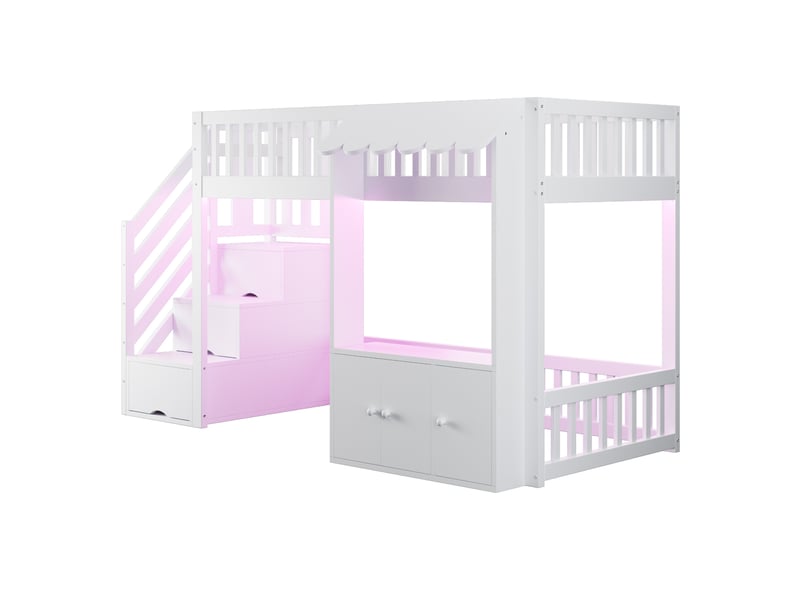  Lit mezzanine enfant 90x200 cm – blanc – escalier à 3 compartiments, led multicolore - sans matelas  - Conforama D