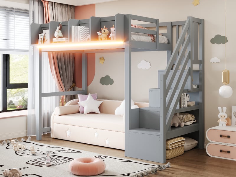 Lit mezzanine 90x200 cm, lit enfant, rangement, étagères, échelle sécurisée, barrière antichute, led, bois gris  - Conforama W