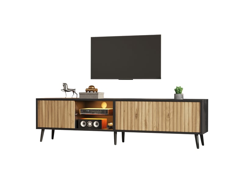  Meuble tv ulevr led avec rangement 175 x 31 x 43,5 cm, 3 portes, jusqu’à 75 pouces, panneau de particules, bois naturel et noir  - Conforama A