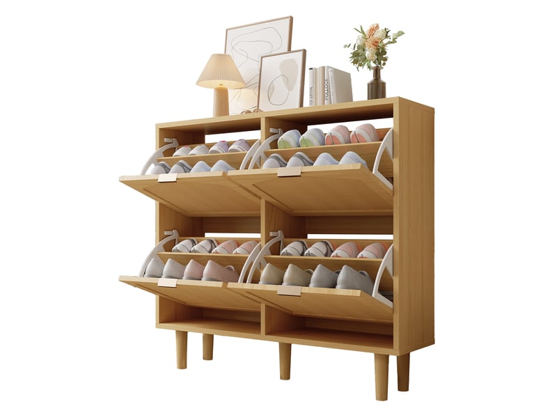  Meuble à chaussures ulevr à 4 abattants, rangement étroit 100 x 25 x 90 cm, panneaux de particules et portes en rotin, chêne clair  - Conforama A