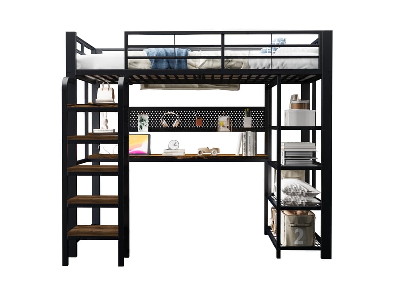  Modenvie lit mezzanine 90x200 cm - avec bureau, led et prises intégrées - pour petit espace - noir  - Conforama A