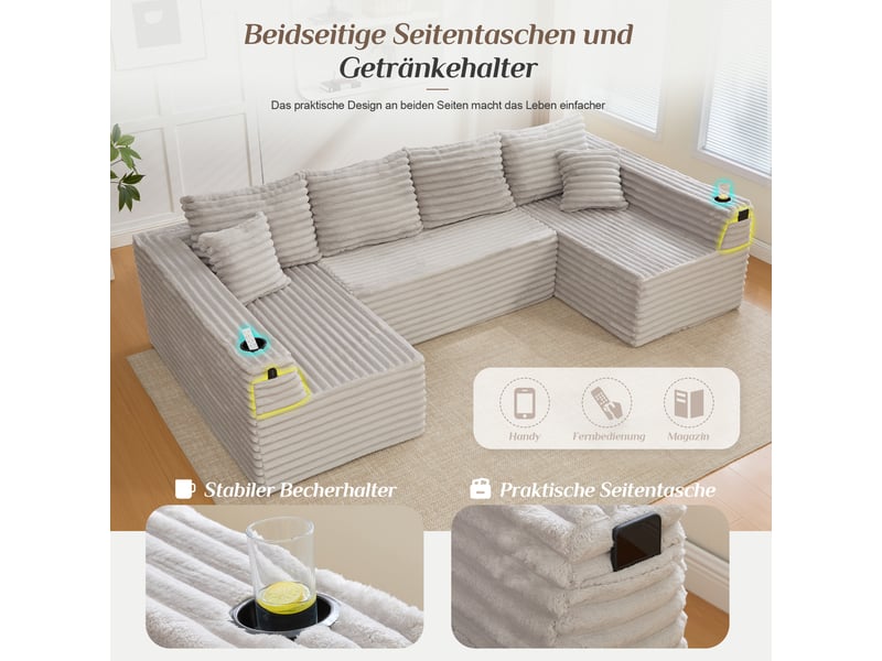 Canapé modulable en velours côtelé gris clair 320x155x88 cm, forme u, porte-gobelets, poches latérales, salon séjour 320x155x88cm - Conforama R