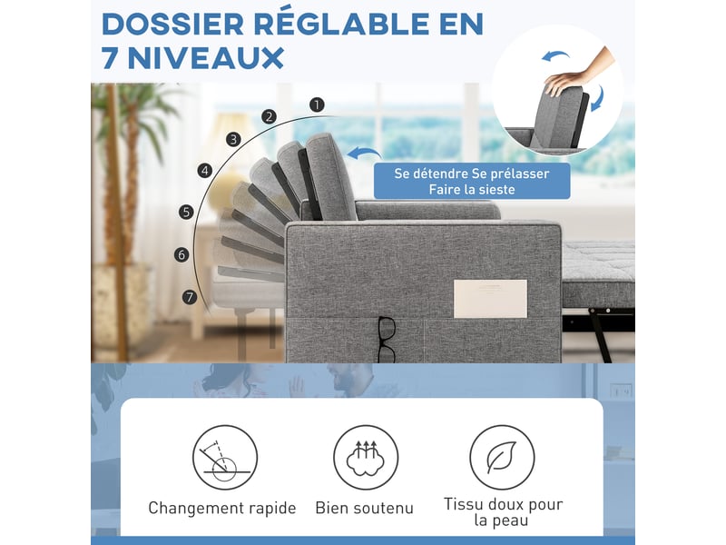  Canapé convertible 2 places 3 en 1 canapé-lit avec lit gigogne double dossier réglable 2 coussins gris 80,5x137,5x84cm  - Conforama E