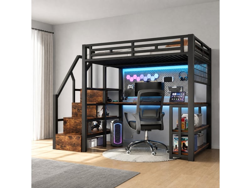  Lit mezzanine enfant 140 x 200 cm noir avec bureau, rangements, led et prises usb  - Conforama D