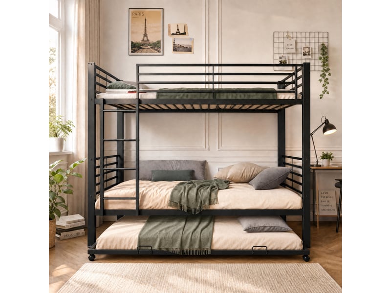  Lit superposé 90x200+90x190 cm - lit métal certifié en 747 avec 3 couchages robuste 550kg silencieux - noir  - Conforama D