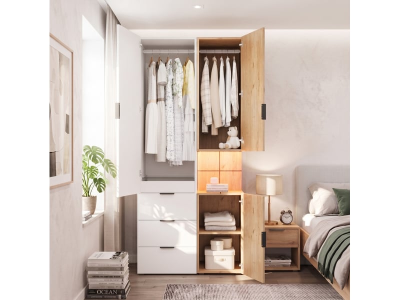  Armoire 2 portes modenvie avec led et tiroirs 90 x 49 x 200 cm mdf blanc et chêne  - Conforama D