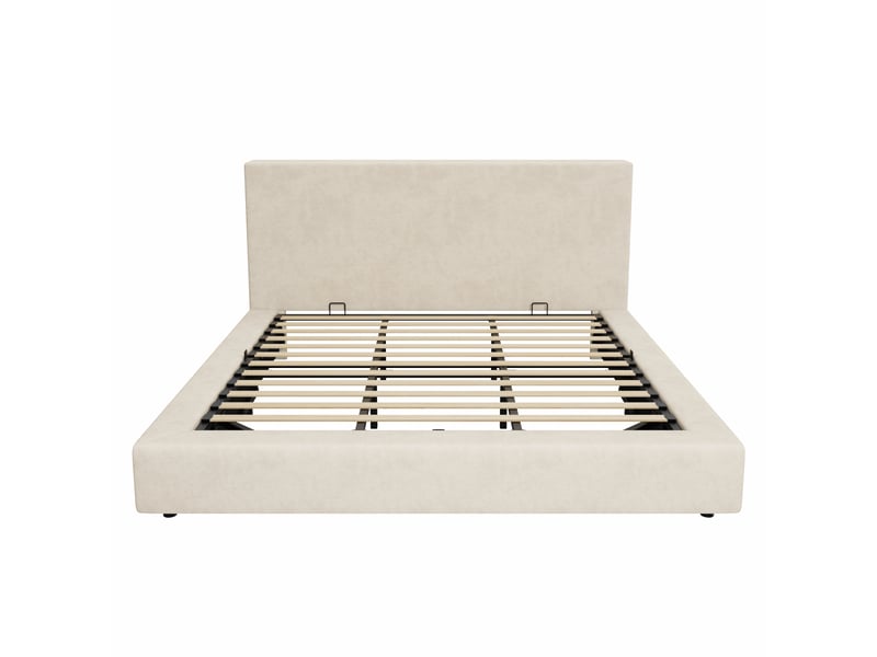  Lit capitonné, lit double, 180 x 200 cm, sommier à lattes, tête de lit rembourrée, chenille beige, réglable hydrauliquement, avec grand espace de rangement et tête de lit rembourrée.  - Conforama D