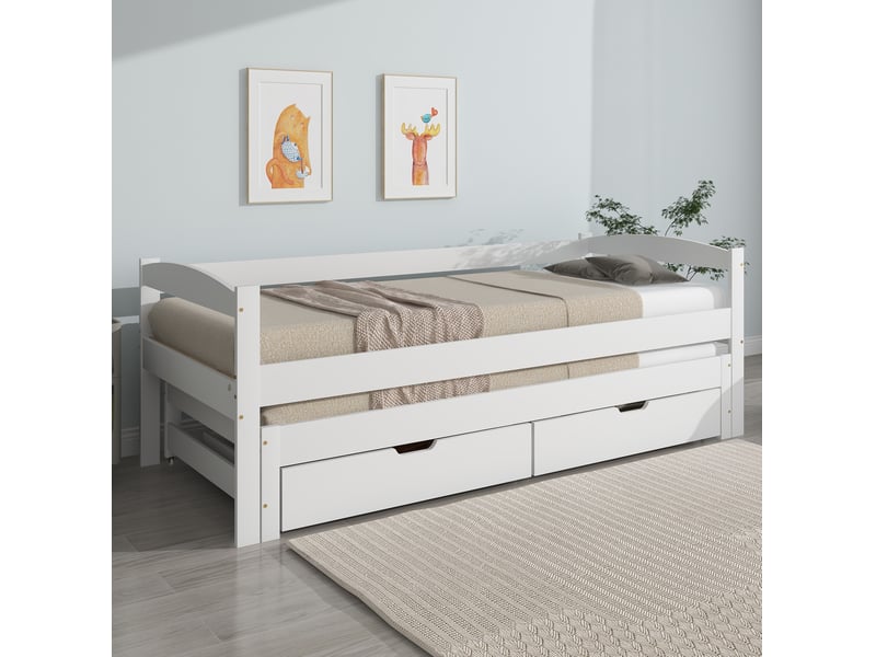  Lit gigogne 90x190200 cm, 2 tiroirs, roulettes sous le lit, bois et mdf, blanc sans matelas  - Conforama D
