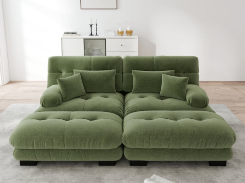  Canapé modulable en u 2 places avec 2 poufs mobiles, chenille vert, assise profonde  - Conforama B