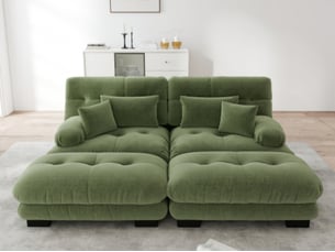 Canapé modulable en u 2 places avec 2 poufs mobiles, chenille vert, assise profonde