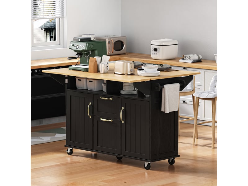 Îlot de cuisine mobile 120x40-60-80 cm avec roulettes, tiroirs et prise, mdf, noir et naturel - Conforama E