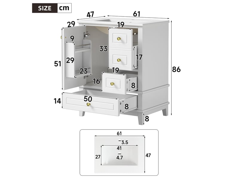  Meuble salle de bain 61 cm blanc brillant avec lavabo en céramique  - Conforama B