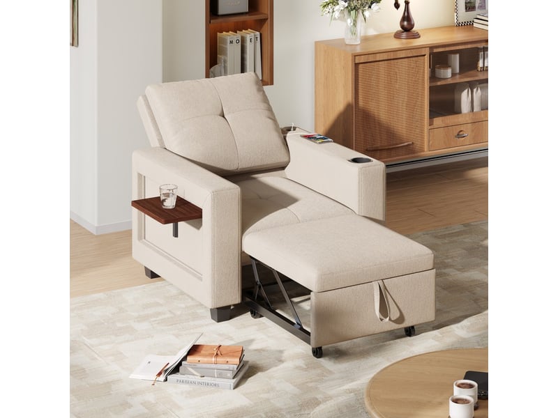  Fauteuil convertible 3 en 1 - chaise longue rabattable avec table magnétique pliable, porte-gobelet et prise - blanc crème  - Conforama B