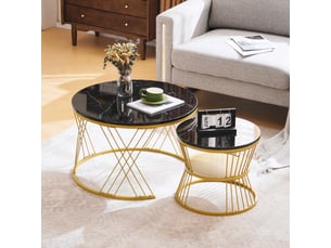 Table basse gigogne noire 70 x 70 cm, plaquage marbre moderne