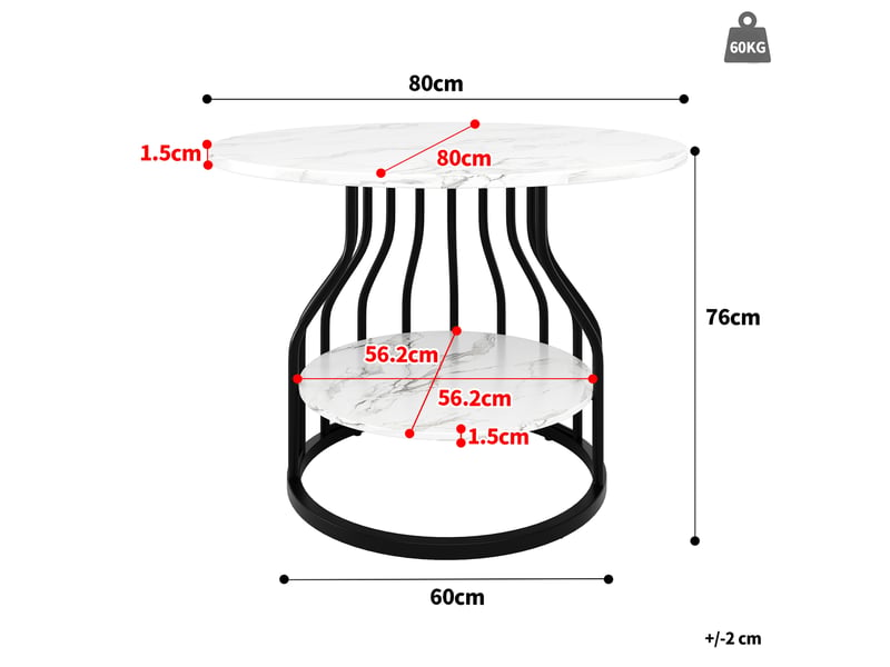  Table à manger ronde, plateau mdf finition marbre, capacité 4 personnes, pour cuisine et salon, 80 x 80 x 76 cm – noir et blanc  - Conforama E