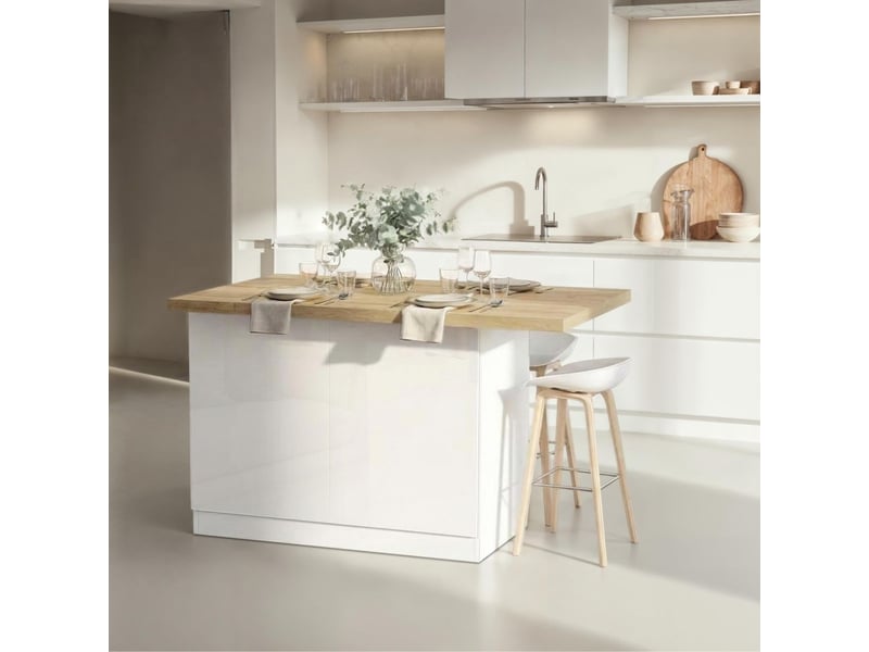  Ilot de cuisine 130cm laqué blanc plateau aspect bois finition cadiz - alva ALVA - Conforama C