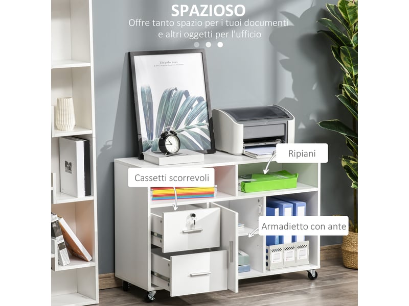  Support imprimante mobile à roulettes, 2 tiroirs verrouillables, 3 étagères, placard, rangement bureau, 100 x 35 x 65 cm, blanc  - Conforama E