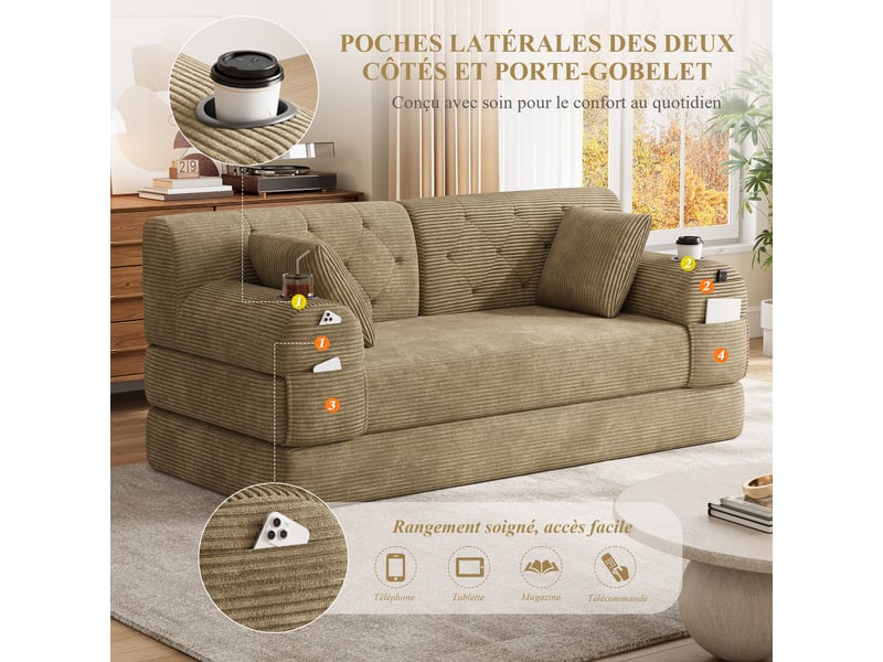  Canapé droit convertible 2 places en velours côtelé kaki 168 x 80 x 81 cm, dossier haut, porte-gobelets, salon 168x80x81cm - Conforama D