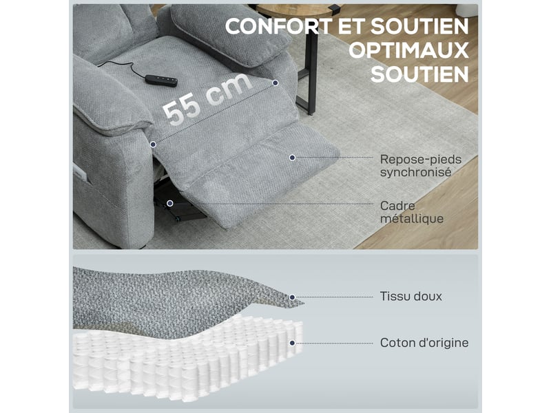  Fauteuil relax électrique fauteuil inclinable port usb repose-pieds poches latérales télécommande 86x90x103cm gris clair  - Conforama E