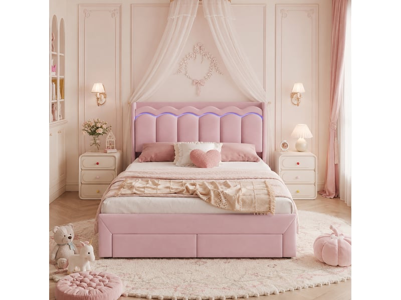  Lit enfant 140x200 cm, lit 2 places avec 2 tiroirs couleur rose, led, mdf et métal, sans matelas, moderne  - Conforama D