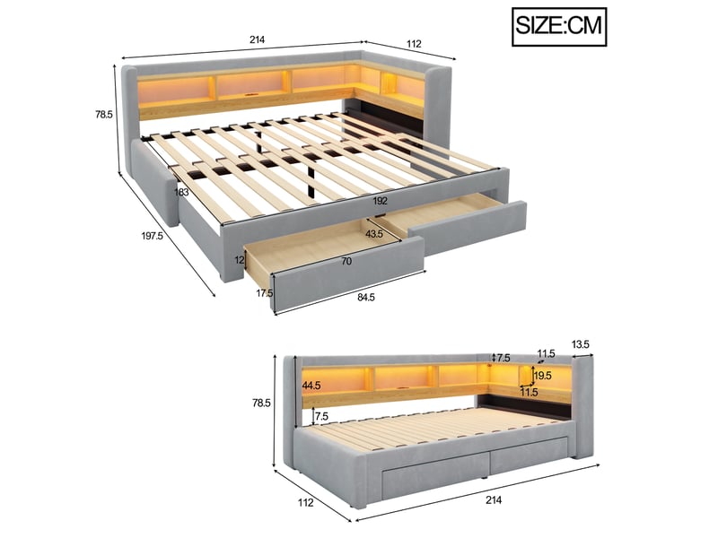  Lit banquette extensible 90x200 cm en velours gris et beige, couchage 180x200 cm, rangements et led, sans matelas  - Conforama C