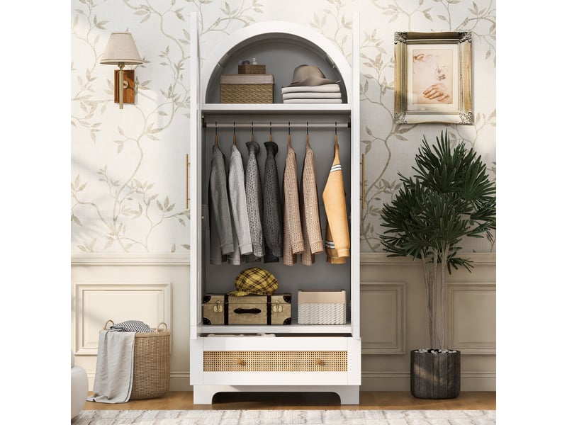  Armoire blanche 70x55x170 cm à 2 portes en rotin synthétique, tiroirs et étagères  - Conforama B