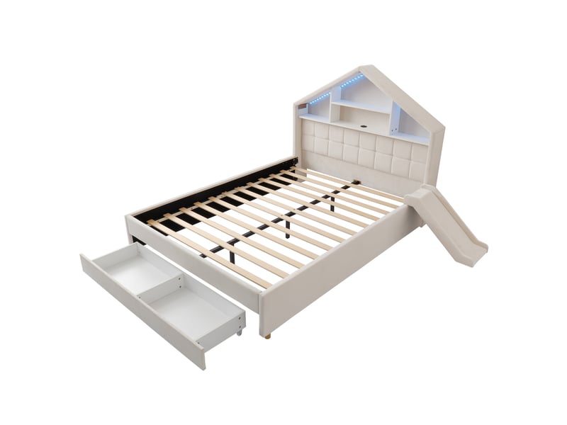  Lit enfant 140x200 cm beige, lit maison capitonné, toboggan réversible, led, prise, étagère, coffre  - Conforama A