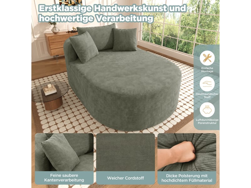 Canapé relax ovale compressé 1 place, 170x112,5x83 cm, fauteuil lounge à assise extra profonde 122 cm, sans montage, velours côtelé - vert - Conforama E
