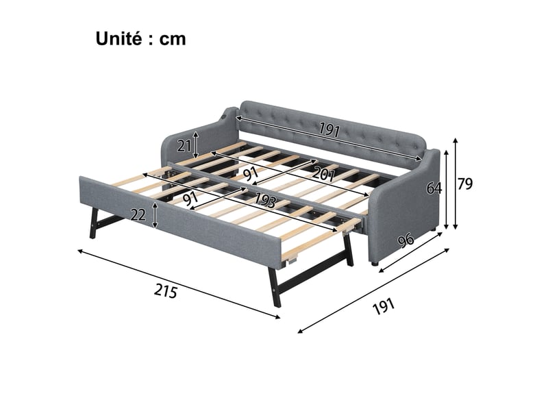  Lit banquette 90x200 cm - lit simple avec rollbed intégré - lin et mdf - sans matelas - gris  - Conforama C