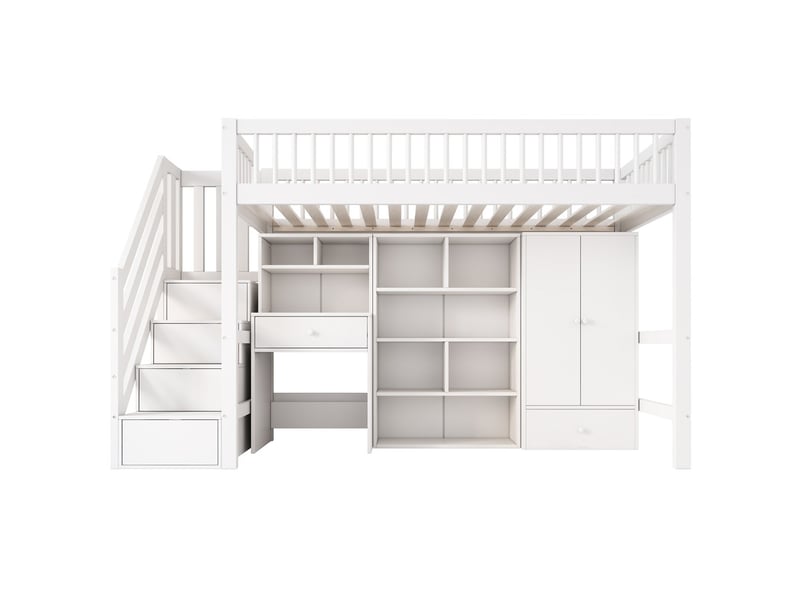  Lit mezzanine, 90x200 cm, avec bureau, échelle, rangements, armoire, bois, blanc  - Conforama A