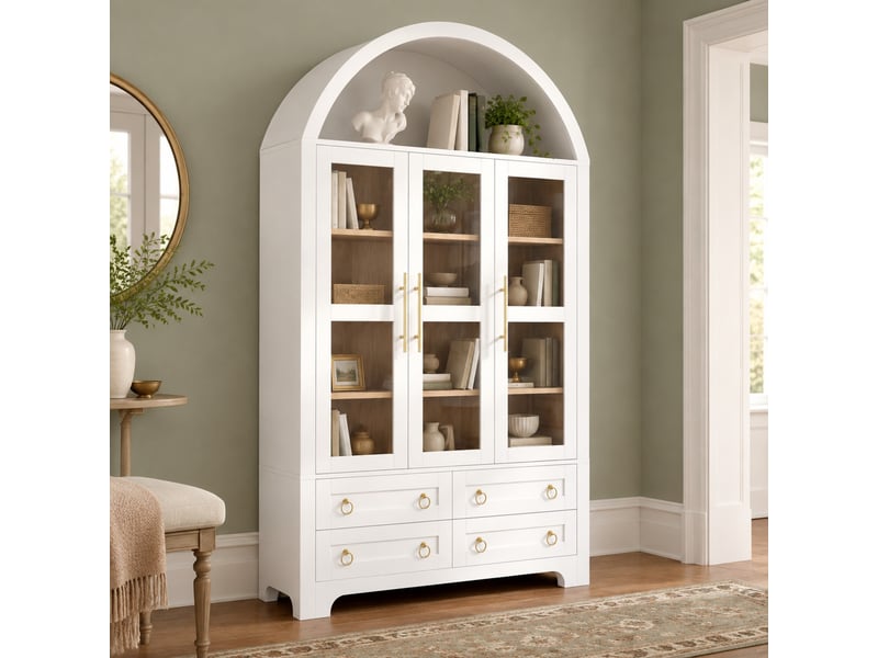  Buffet à arche 110x40x185 cm, 3 portes vitrées, 4 tiroirs, mdf et panneaux de particules blancs  - Conforama C