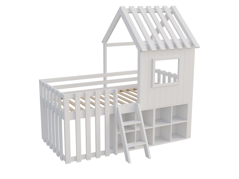  Lit superposé enfant 90x200, garde-corps haut sécurité renforcée lit superpose cabane, structure bois massif, rangement intégré  - Conforama C
