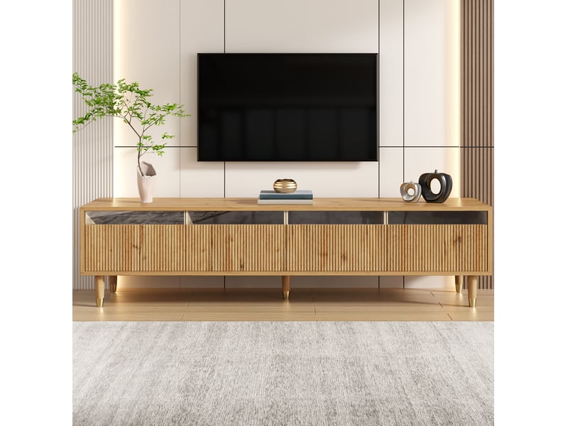  Meuble tv 178 cm effet bois, 4 tiroirs mdf et acrylique avec passe-câbles  - Conforama D