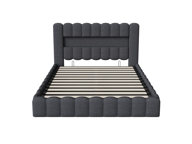  Lit coffre 180x200cm - lit double 180x200 rembourré en velours avec rangement, tête de lit, led rgb et prises usb - marron  - Conforama A