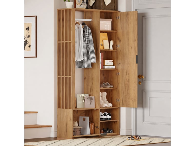  Meuble d’entrée avec miroir et penderie ouverte, 9 rangements, 100 x 33 x 190 cm, bois naturel  - Conforama D