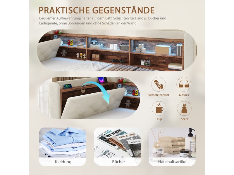  Lit banquette 90x190 cm, led, usb-c, canapé-lit extensible, accoudoir coffre, tête de lit étagère, sommier, velours, beige Seren Glow - Conforama D