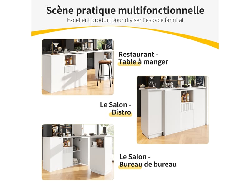  Ilot cuisine, buffet de cuisine avec rangements intégrés, pivotant à 360°, organisation fonctionnelle, dimensions 210 x 30 x 100,9 cm, mdf, blanc  - Conforama E