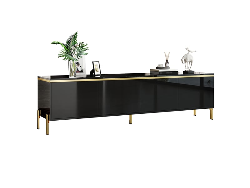  Meuble tv noir brillant 170 cm avec 4 portes et pieds métal doré  - Conforama A