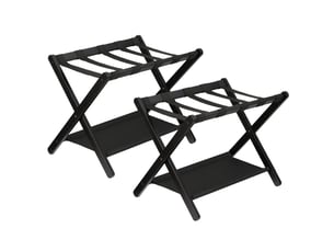 Lot de 2 porte-bagages pliant de luxe en bambou avec étagère, sangles nylon résistantes, charge 50 kg – chambre, salon, hôtel,noir