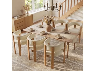 Lot de 6 chaises de salle à manger beige, dossier ergonomique rembourré, pieds métal effet bois naturel, assise épaisse, charge 150 kg