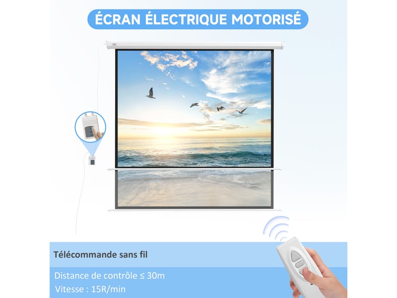  Écran de projection motorisé 96 pouces, 1:1 4k hd, 195l x 8l x 182h cm, fixation mural ou plafond avec télécommande  - Conforama A
