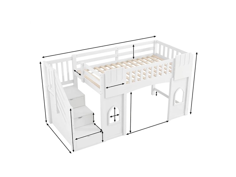  Lit mezzanine 90x200 avec escalier de rangement et fenêtres, blanc  - Conforama E