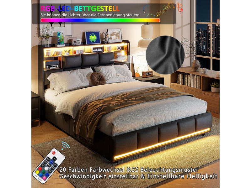  Lit coffre 140x190cm - lit double 140x190 avec sommier relevable hydraulique, tête de lit led, rangement, prises - noir  - Conforama D