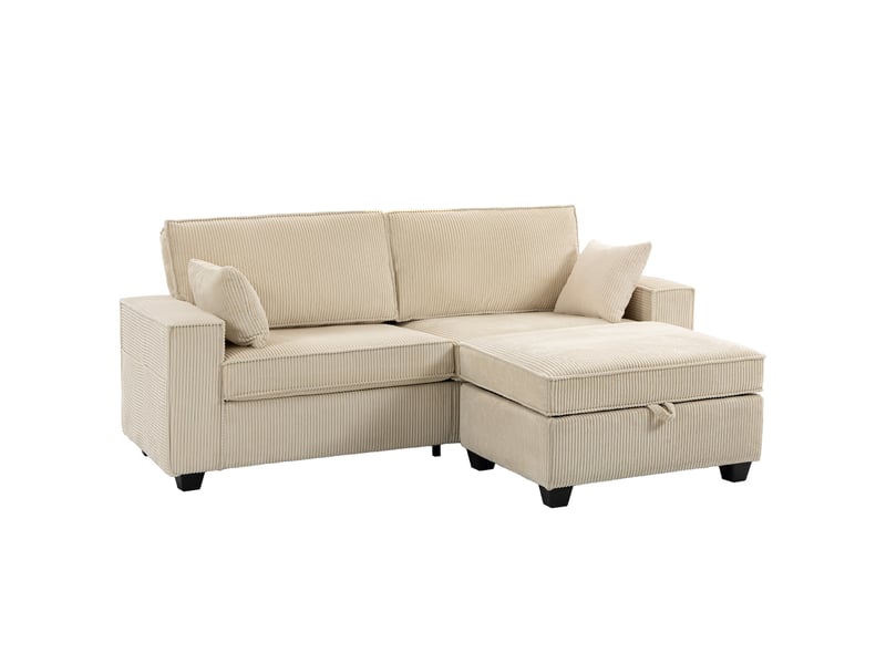 Canapé 3 places avec pouf de rangement, canapé d'angle en velours côtelé, assise large, beige, 2 coussins - Conforama B