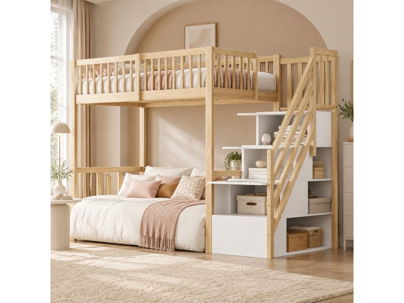  Lit mezzanine enfant 200×90 cm avec escalier de rangement et bureau, sans matelas, en pin massif, coloris bois naturel  - Conforama B