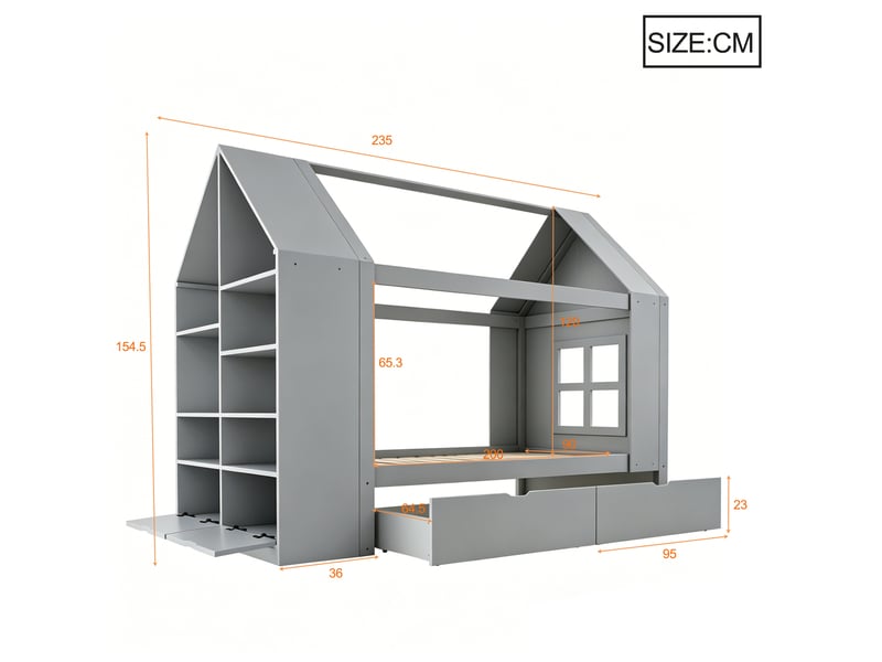  Lit cabane modenvie 90 x 200 cm avec 2 tiroirs, led, rangement, gris, bois et mdf  - Conforama C