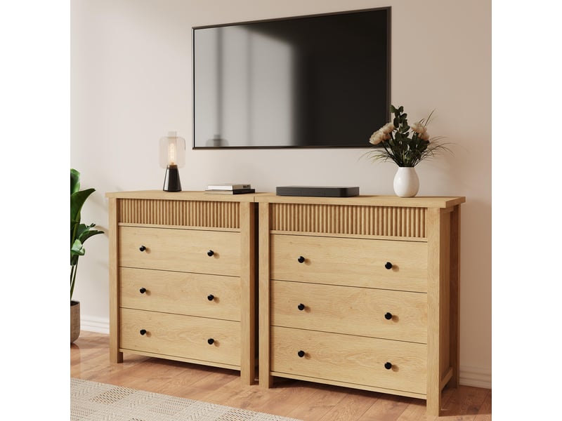  Commode scandinave 3 tiroirs en bois naturel – table de chevet à rainures – grand meuble de rangement pour chambre, salon, entrée PHK_34TJXCHL - Conforama B